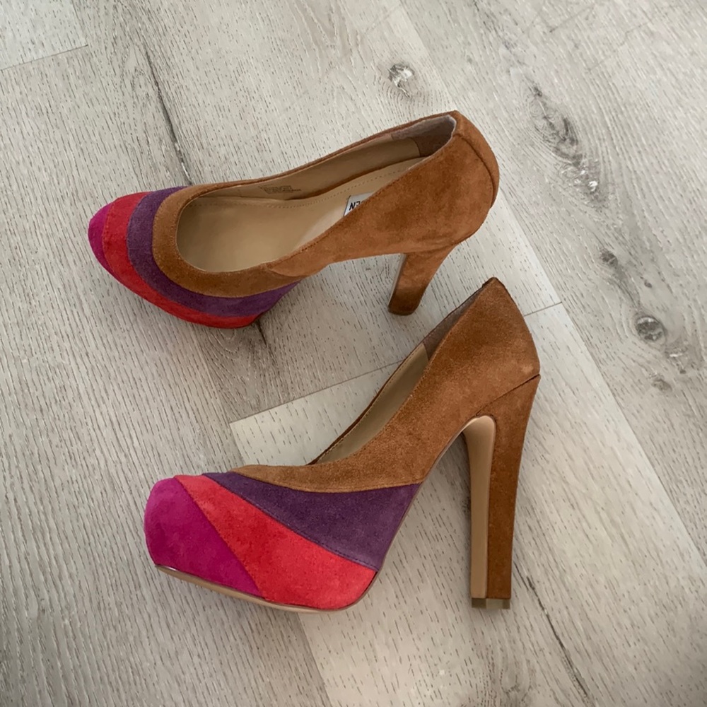 Steve Madden Brown Suede Pumps with Pink Red and Purple Accents